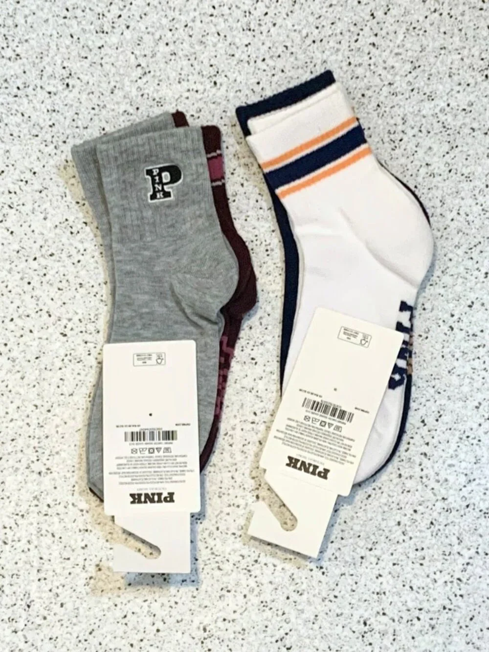 2X Victoria's Secret PINK 2 Pack Quarter Socks NWT Navy White Wild Rose 4 PAIR